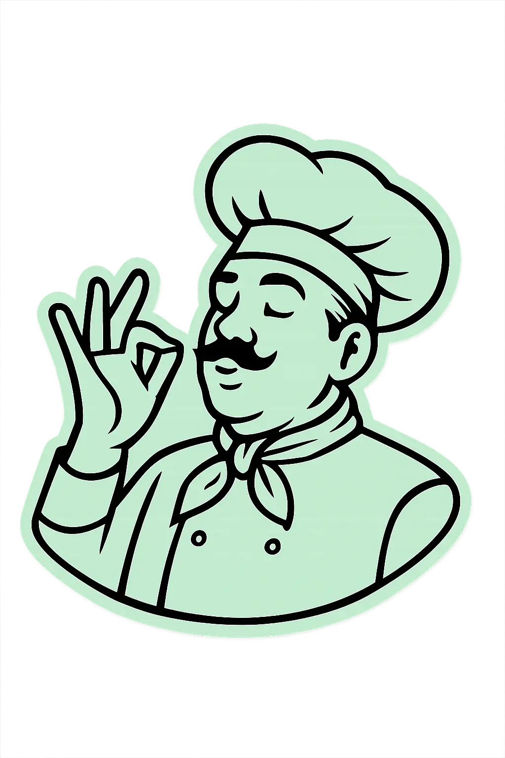 Delighted Chef Illustration – Perfect Taste Gesture Cartoon-style illustration of a smiling chef in a traditional uniform and hat, making an "okay" hand gesture with closed eyes and a satisfied expression, rendered in light green tones with black outlines. Mock-up made by PuffSticker.com
