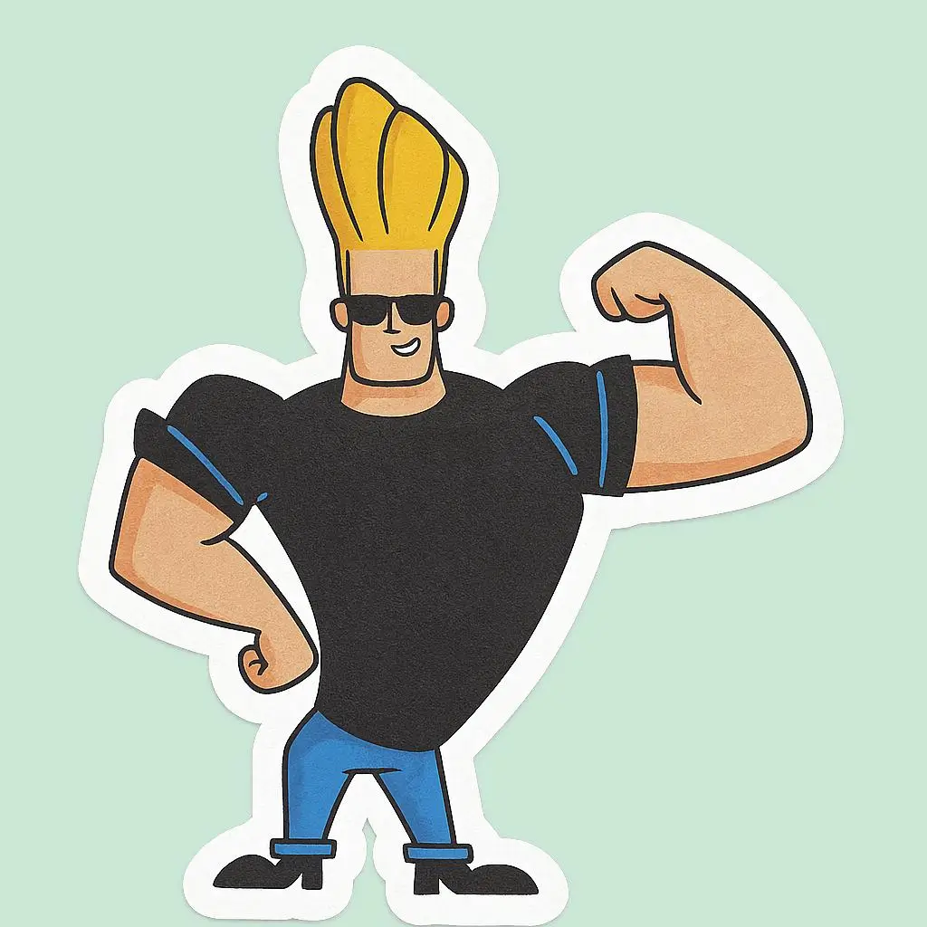 johnny-bravo-cartoon-muscle-pose-sticker-mint-bg Cartoon sticker of a muscular man in black shirt and sunglasses flexing his arm, styled like Johnny Bravo, placed on a light mint green background with white border cutout. Mock-up made by PuffSticker.com