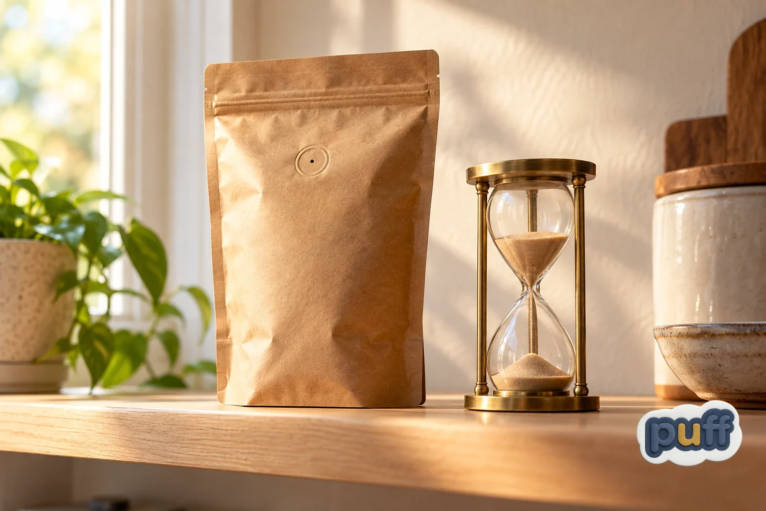 A sealed kraft coffee bag on a kitchen shelf beside a brass hourglass in morning light