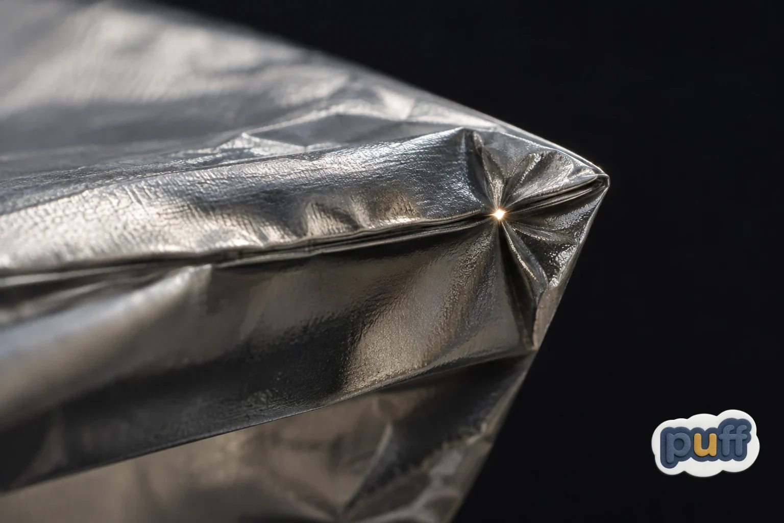 Close-up of light shining through a tiny crease in a folded foil pouch