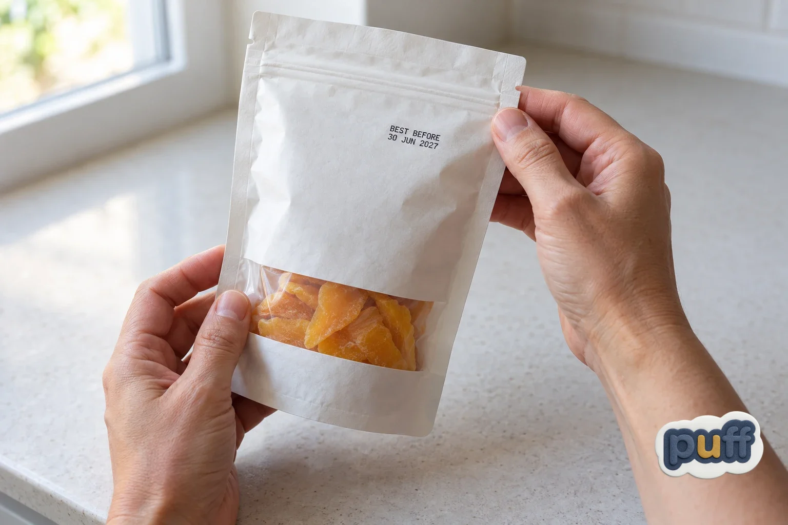 Hands turning over a snack pouch to read the best-before date