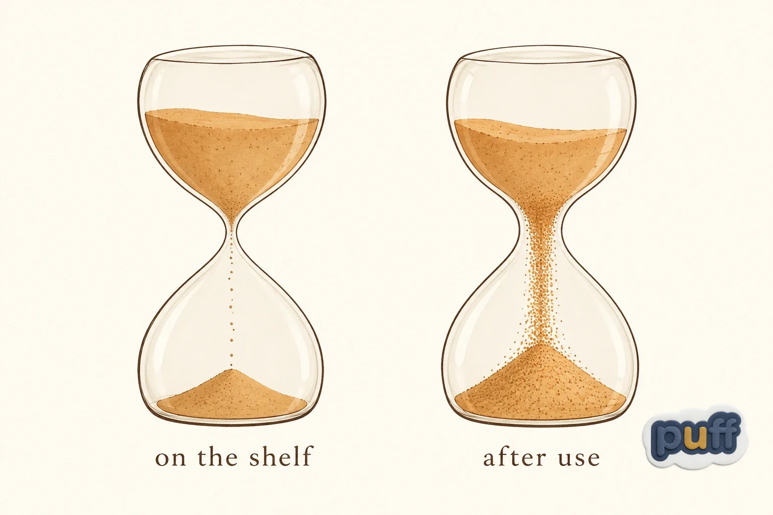 Illustration of two hourglasses, sand trickling slowly on the shelf and pouring faster after use