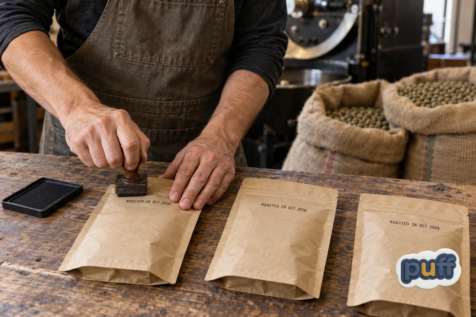A coffee roaster stamping roast dates onto kraft coffee bags