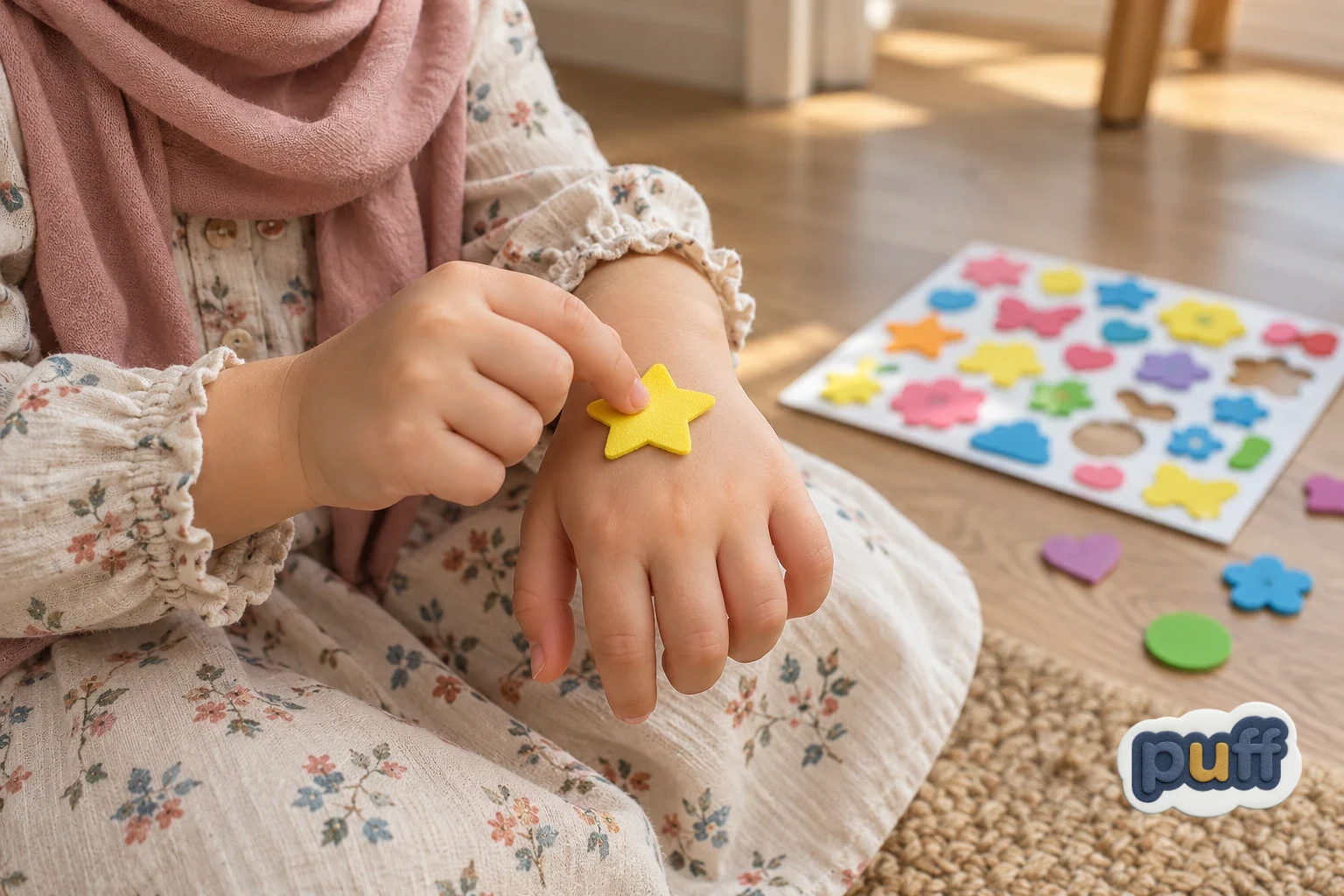 A child presses a soft yellow foam star sticker onto the back of their hand