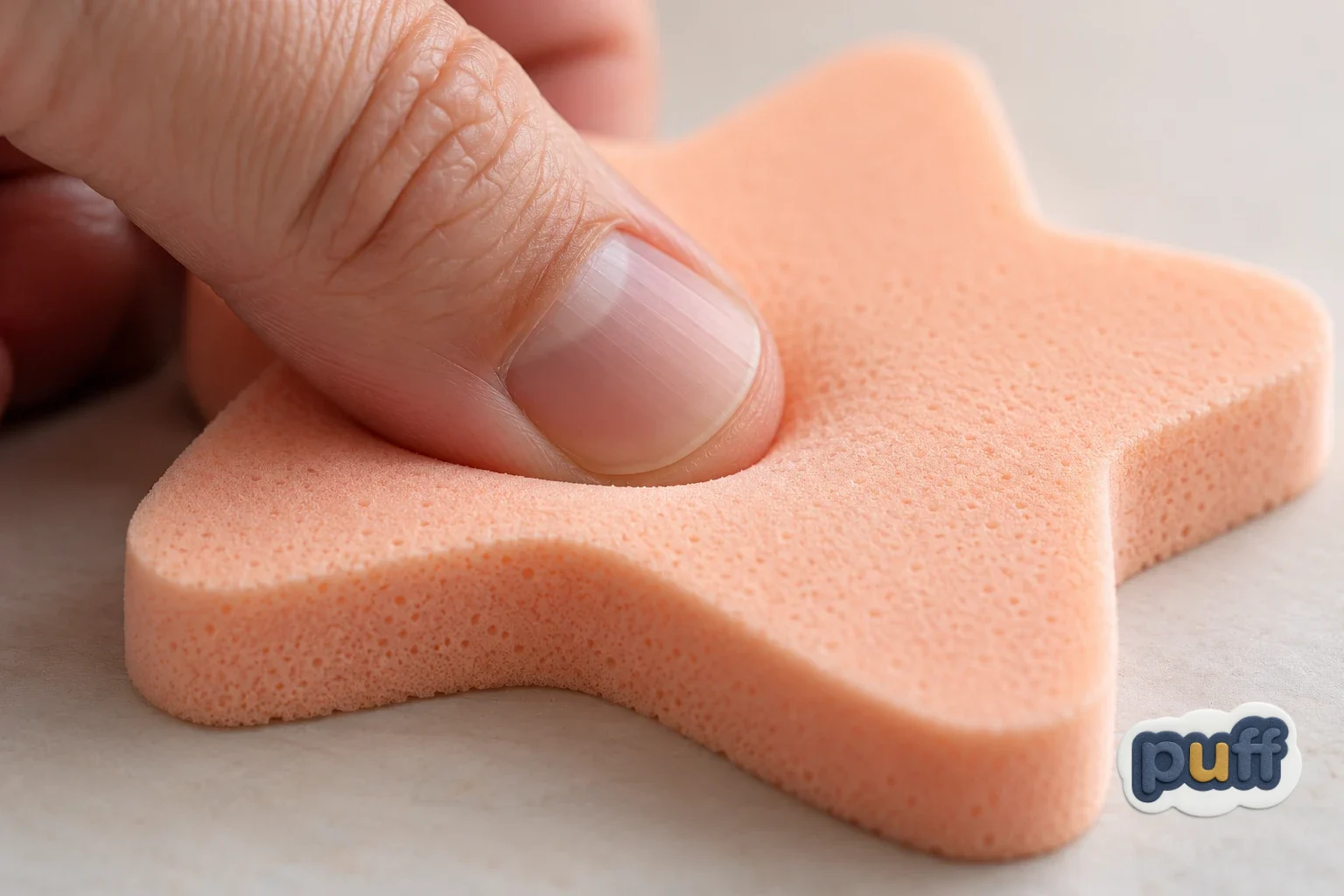 A thumb presses into a thick foam sticker, leaving a soft dent that is about to spring back