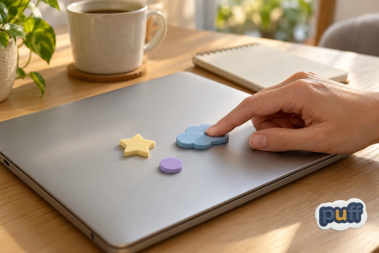 An adult absent-mindedly presses a foam cloud sticker on a laptop lid during work