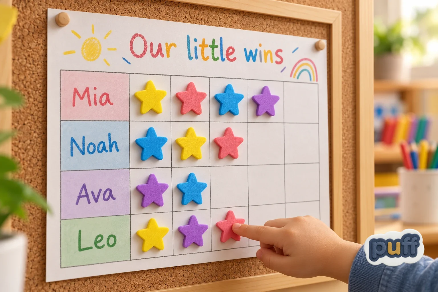 A child reaches up to touch a foam star on a classroom reward chart