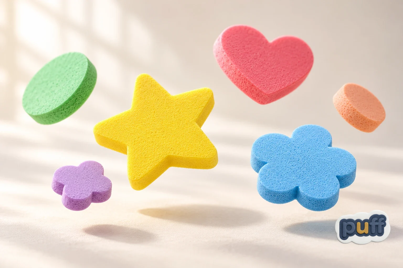 Colorful rounded foam shapes float against a pale, soft background