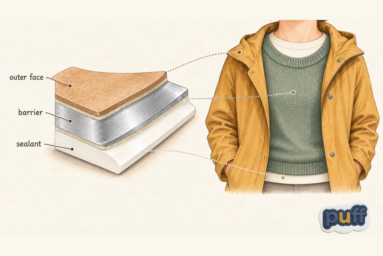 Diagram comparing the layers of a pouch to winter clothing layers