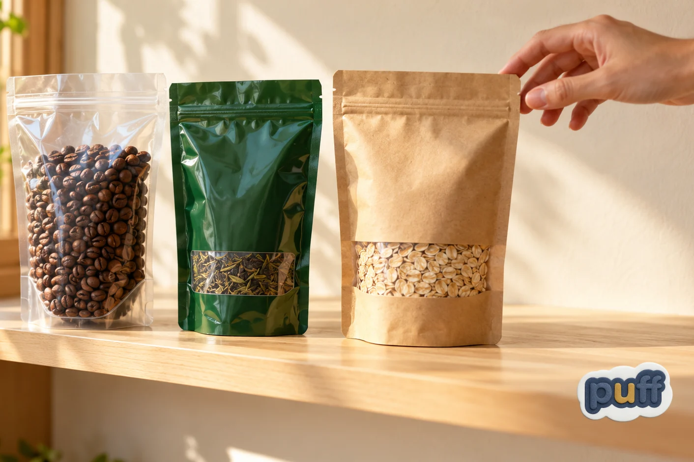 Three food pouches on a kitchen shelf with a hand reaching for the kraft bag