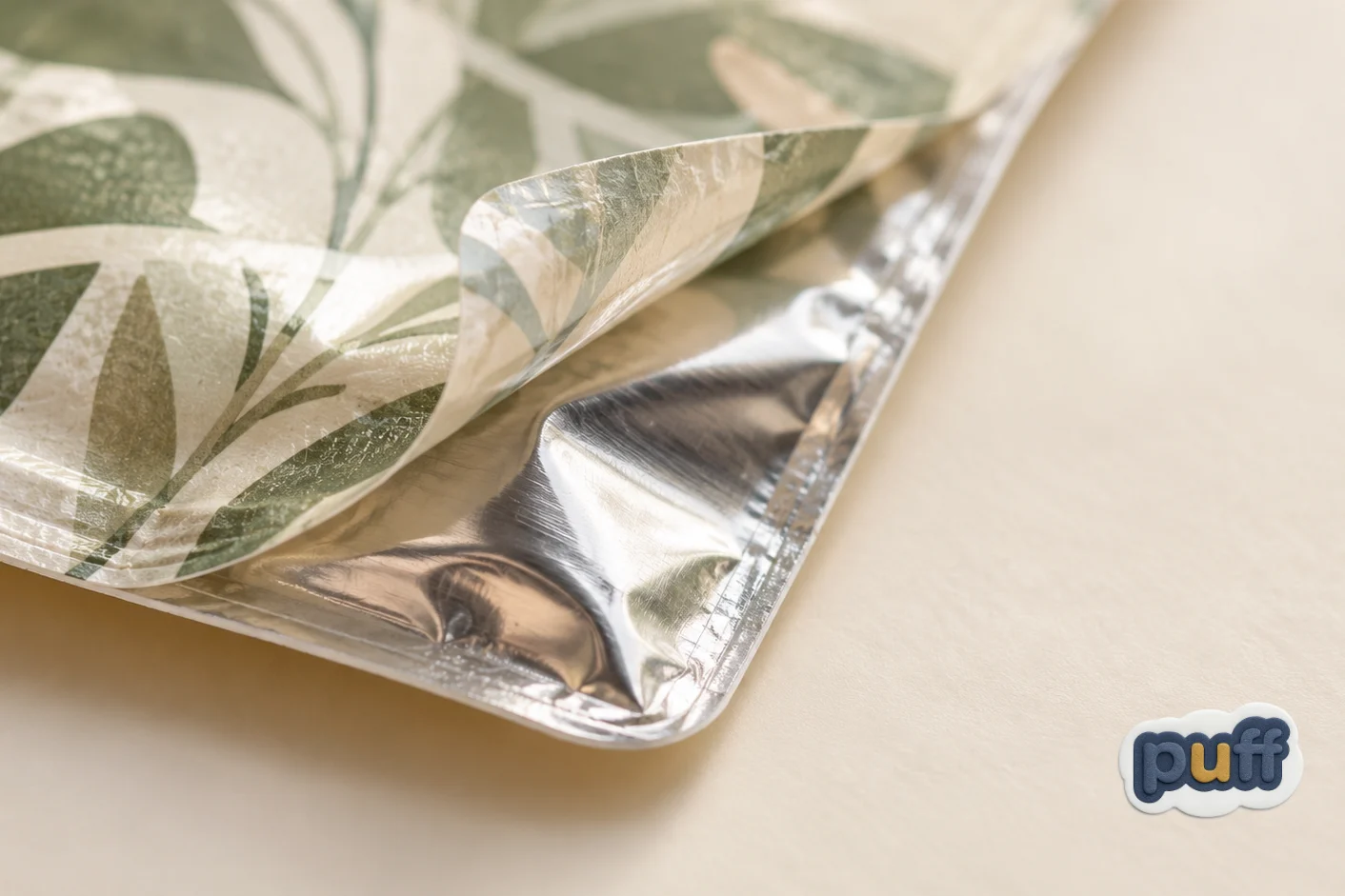Macro view of a pouch corner peeled to reveal a silvery inner film