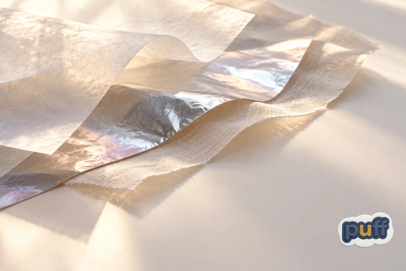Fanned translucent layers of paper and film glowing in soft light