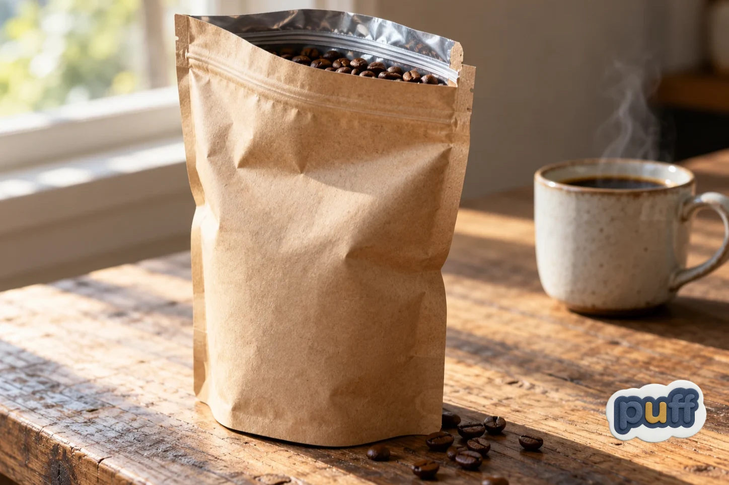 Kraft barrier pouch of coffee beans opened on a wooden kitchen counter in morning light