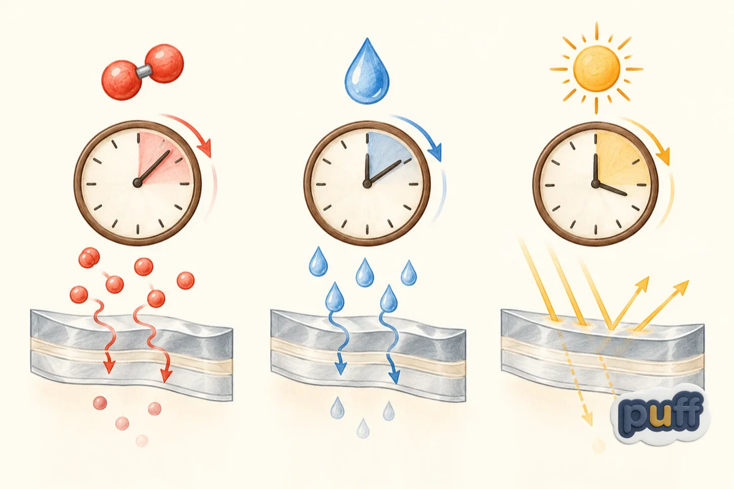 Illustrated diagram of oxygen, moisture, and light as three clocks slowed by a packaging barrier