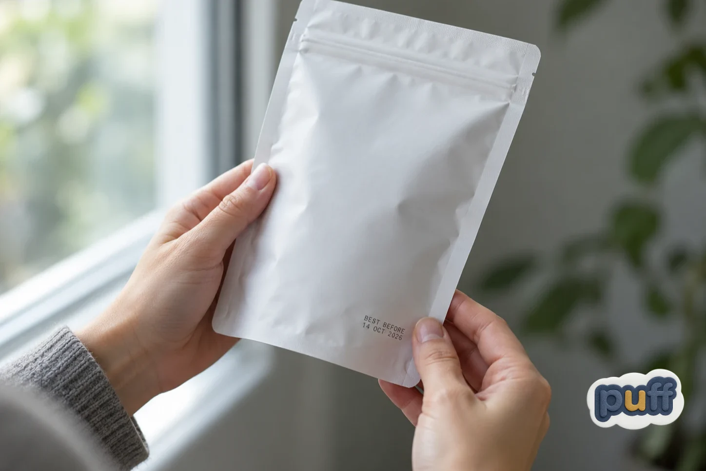 Hands holding a sealed tea pouch near a window, a thumb resting on its date panel