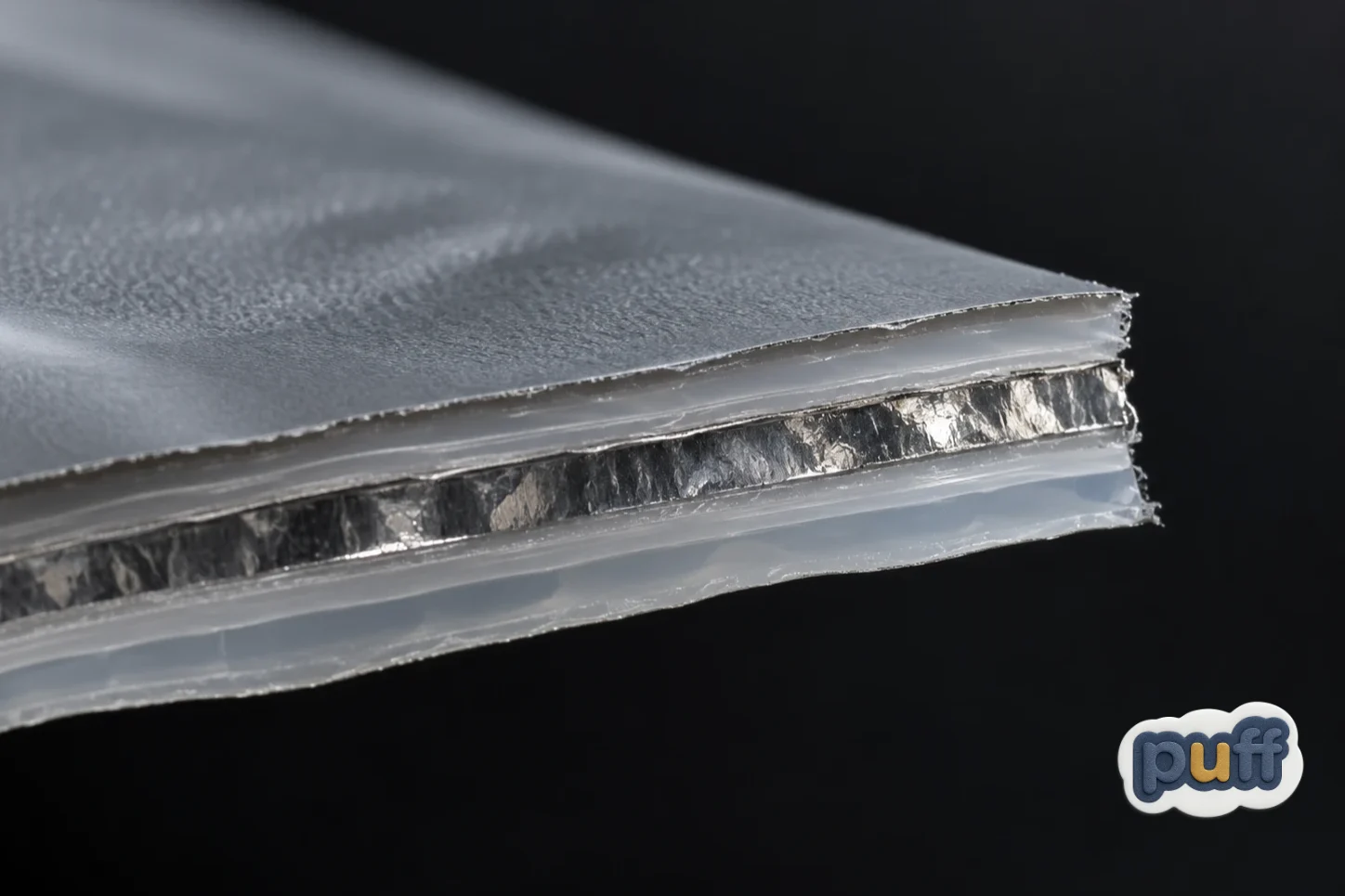 Macro photograph of the layered cross-section edge of a barrier pouch