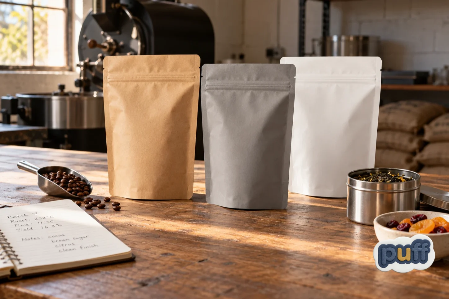 Small business owner's workbench with packaging pouches, coffee, tea, and dried fruit laid out for comparison