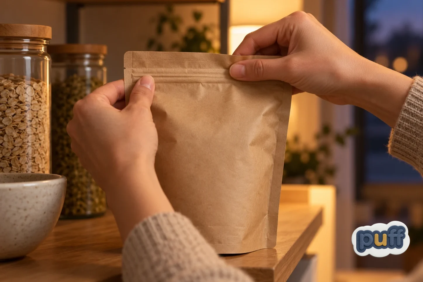 A hand pressing a kraft pouch closed on a kitchen shelf in warm evening light