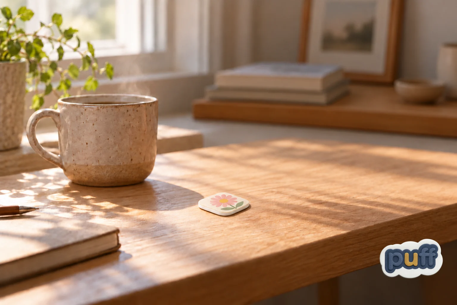 A cream rounded-square foam sticker with a pastel pink daisy design beside a ceramic mug on a wooden desk in morning light