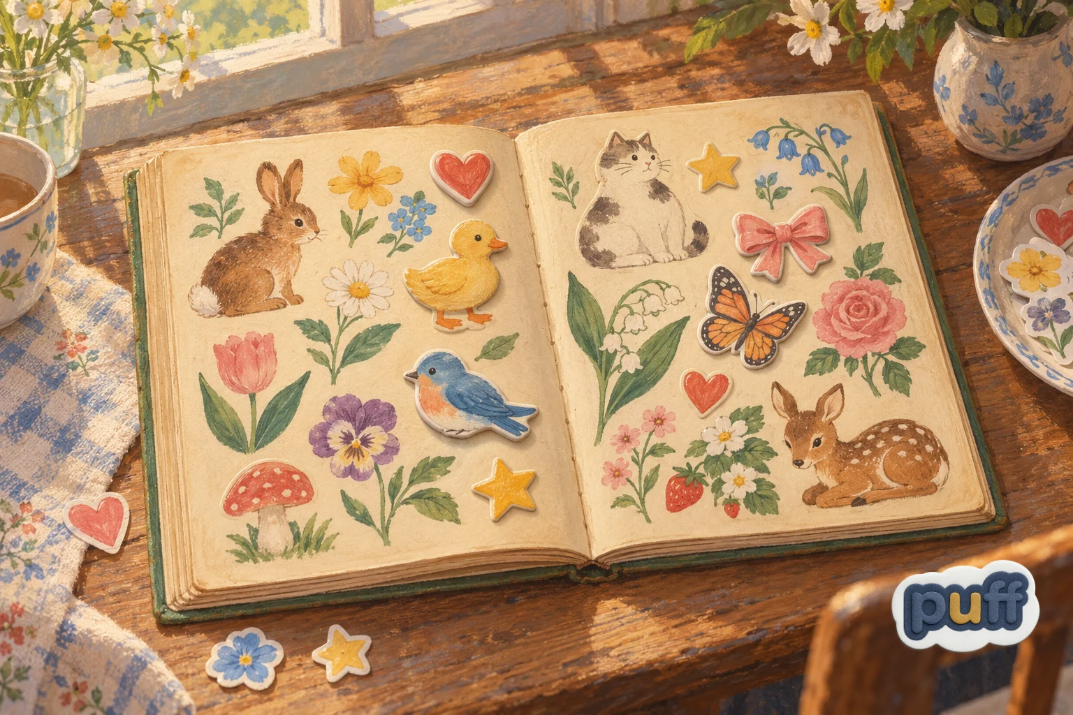 An illustration of an open vintage sticker album with raised puffy stickers among flat printed ones