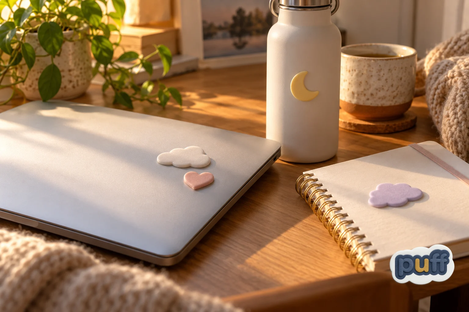 Foam stickers in soft rounded shapes decorating a laptop, water bottle, and planner on a cozy desk
