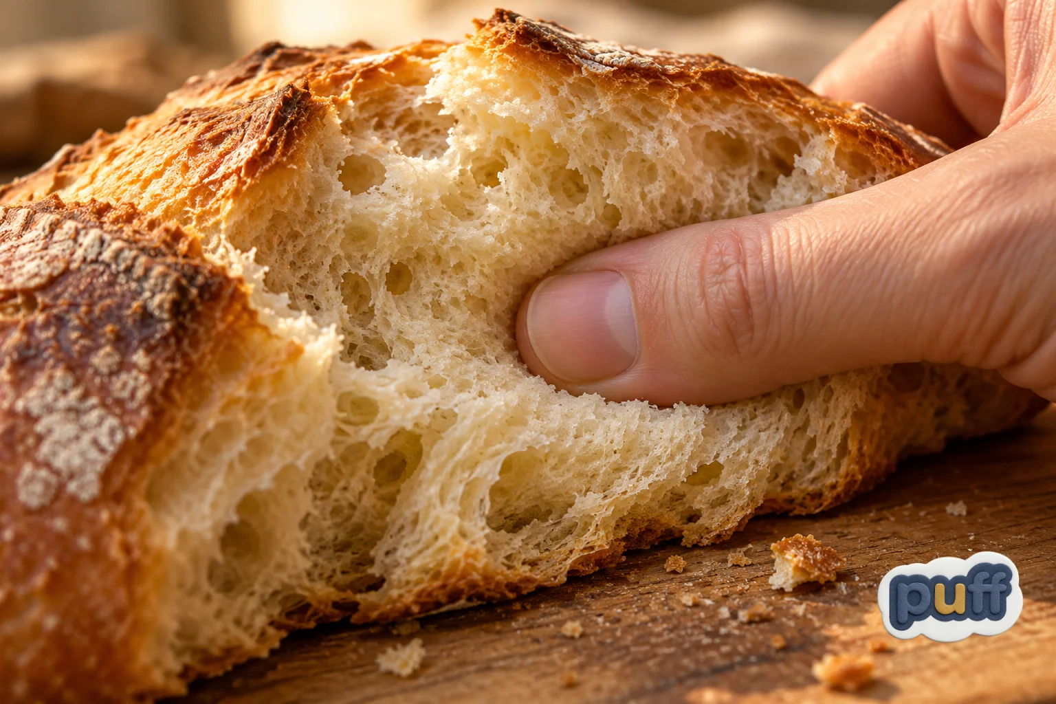 A thumb pressing gently into soft bread, leaving a shallow dent