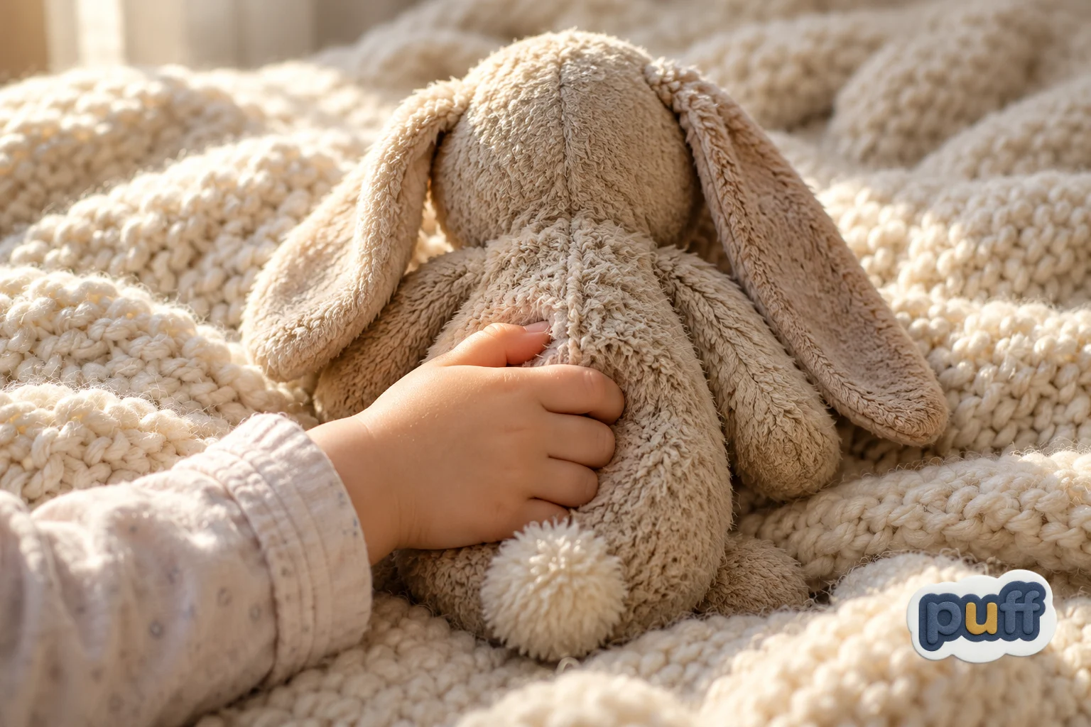 A small hand holding a worn, well-loved plush toy on a knitted blanket