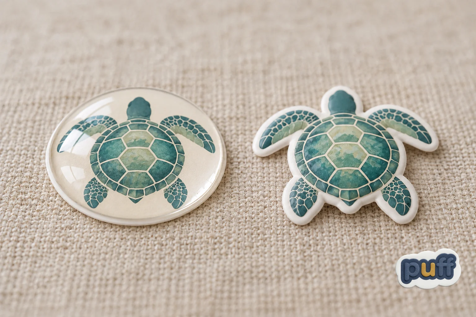 A glossy clear dome sticker next to a soft matte puffy sticker on linen
