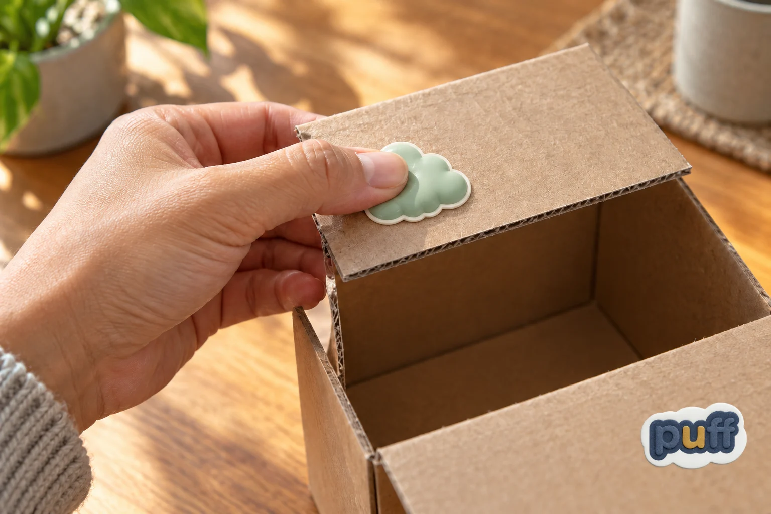 A thumb pressing a puffy sticker on the flap of a box as it is opened