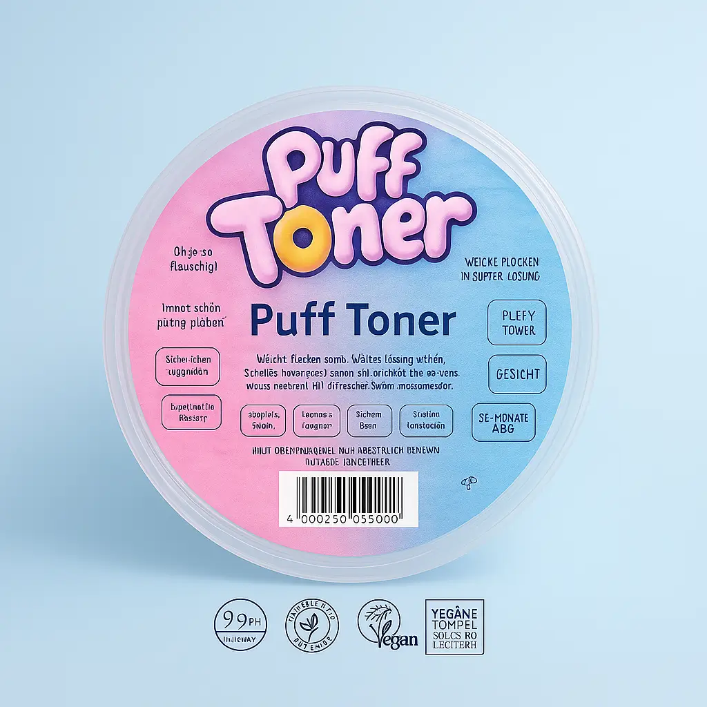 Custom bottle label for Puff Toner featuring clear glossy film with pink-to-blue gradient design, serif typography, and foil embellishments. Waterproof and dermatologically tested with vegan certification icons. Ideal for skincare and cosmetic products. Professionally printed by PuffSticker.com with premium adhesion and long-lasting clarity.