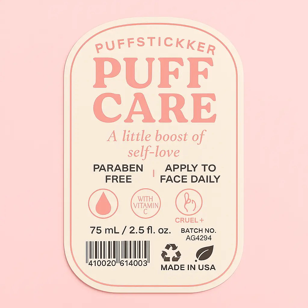 Clear waterproof bottle label for Puff Care skincare product featuring minimalist serif typography, soft tonal palette, and self-love messaging. Includes icons and text: paraben-free, cruelty-free, made in USA, and batch number. Highlights Vitamin C infusion and daily use instructions. Printed by PuffSticker.com with high-quality adhesive and long-lasting clarity—ideal for cosmetics and wellness packaging.