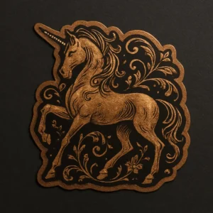 Bronze Foil sticker featuring a rearing unicorn rendered in metallic bronze against a dark background. The unicorn’s mane and tail flow gracefully, and its body is adorned with swirling floral patterns and ornate detailing. The design is bordered with a decorative edge that enhances its regal and mythical appearance. Ideal for fantasy-themed sticker sets, elegant packaging, or magical branding. Printed with high-shine foil finish by PuffSticker.com