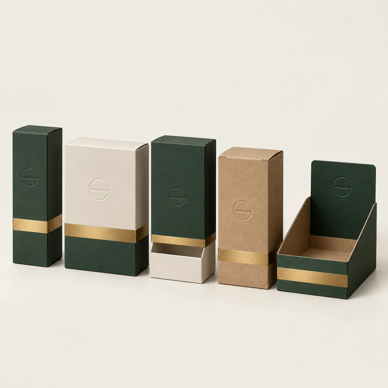 Five folding cartons in a row in forest green, off-white and kraft