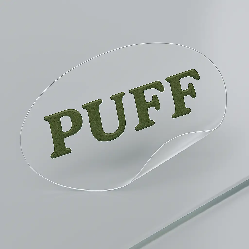 Clear vinyl label with bold green uppercase text reading “PUFF” partially peeled from a smooth surface to demonstrate adhesive quality. Designed for minimalist packaging, custom branding, and waterproof durability. Printed by PuffSticker.com with precision to maintain clarity and crisp edges. Ideal for cosmetic bottles, product pouches, or stationery branding.