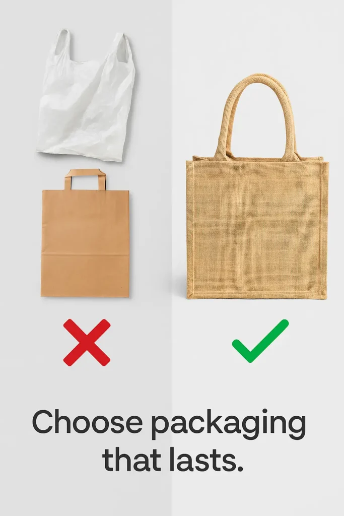 Comparison image showing two disposable bags—a white plastic bag and a brown paper bag—on the left with a red “X” mark. On the right, a reusable woven jute tote bag with a green check mark. Text at the bottom reads “Choose packaging that lasts.” Highlights the importance of sustainable packaging choices.