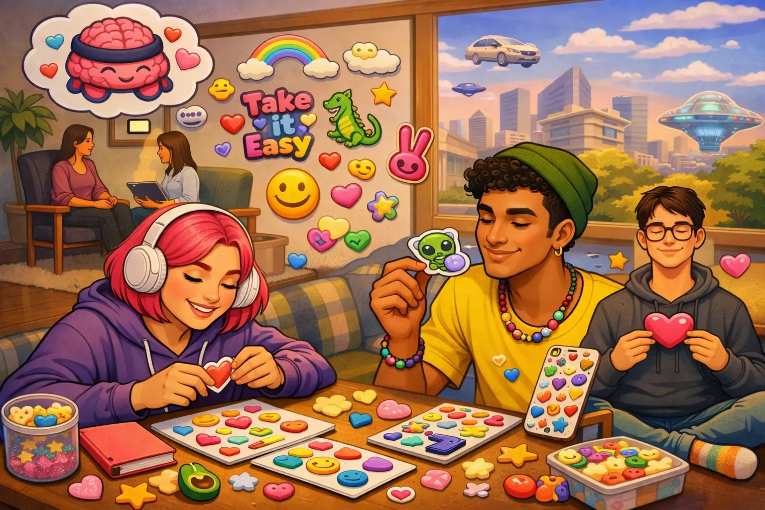 Three young people enjoy a sticker activity at a table, surrounded by colorful designs, with playful wall decorations and a futuristic cityscape outside.