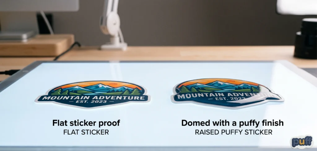 Flat sticker proof beside a raised puffy sticker proof on a light table, showing the difference in profile