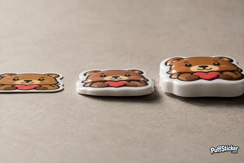 Three custom stickers of increasing thickness compared side by side, showing the shift from flat to puffy.