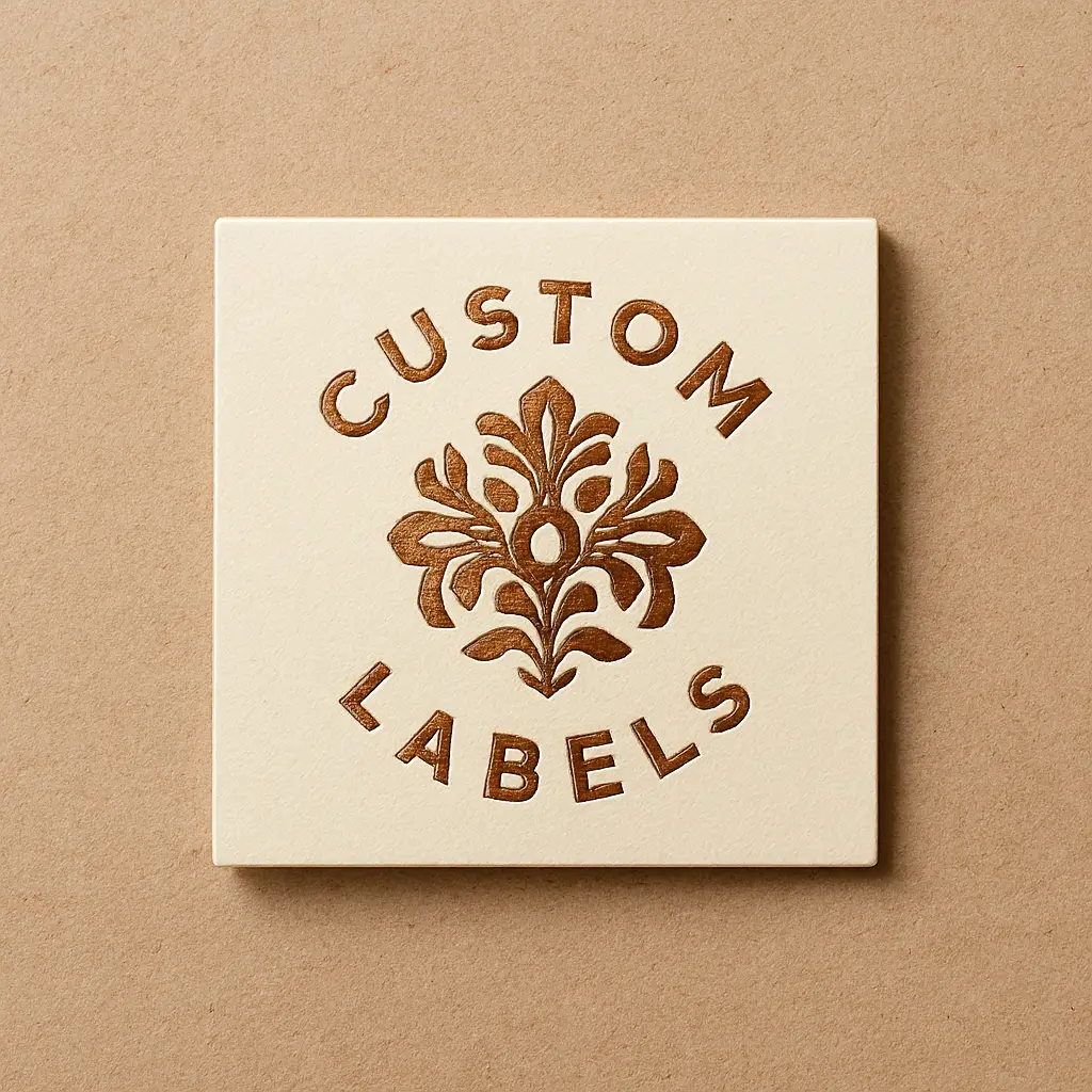 Square card featuring the phrase “CUSTOM LABELS” embossed in a circular layout around a decorative floral motif. The embossing is rendered in metallic gold foil, creating a luxurious and elegant finish. Set against a brown background, the card evokes premium branding and upscale packaging aesthetics. Ideal for showcasing custom label designs, foil printing techniques, and sophisticated stationery.