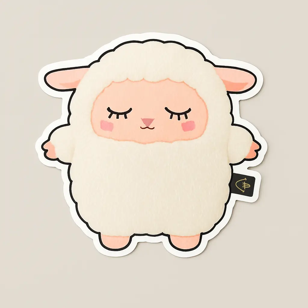Custom foam sticker mockup from PuffSticker.com featuring a sheep-shaped character with a fluffy white body and soft pink face. Designed with closed eyes and a serene expression, this sticker evokes warmth and comfort—ideal for cozy branding, children’s crafts, or themed packaging. Made from soft EVA foam, it offers a tactile surface with strong adhesive backing and waterproof durability. The die-cut shape and plush-like texture enhance its visual charm.