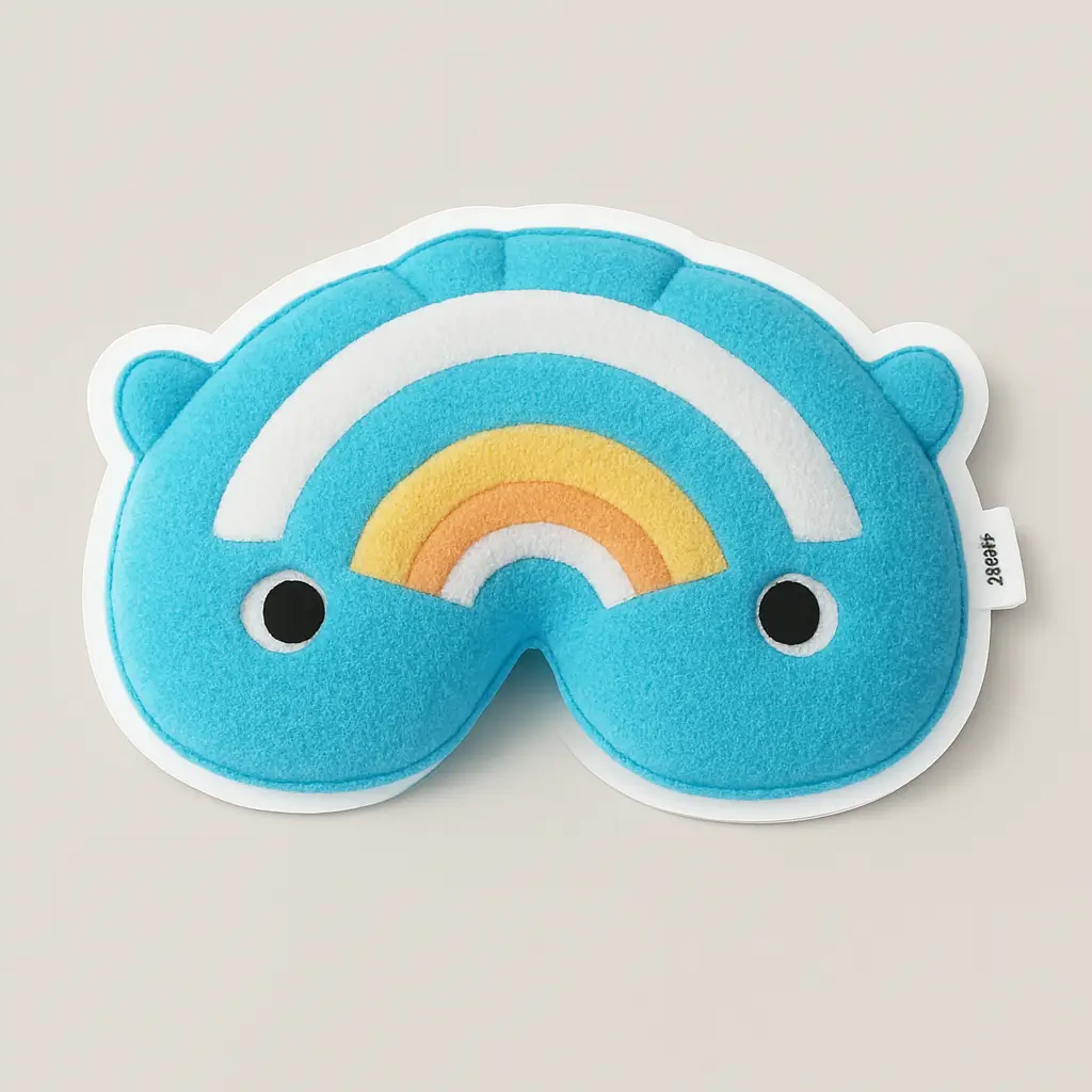 Custom foam sticker mockup featuring a whimsical rainbow-shaped character with plush-like styling. Designed with vibrant blue, white, yellow, and orange stripes, this soft EVA sticker includes playful details like black eyes and small ears, adding charm and personality. Ideal for children’s crafts, packaging, or themed giveaways, the sticker offers a tactile, flexible surface with strong adhesive backing. Waterproof and die-cut for easy application, PuffSticker.com’s foam labels combine fun design with durable quality, making them perfect for creative branding and personalized gifts.