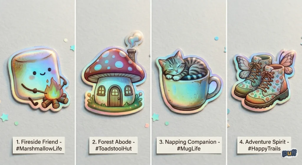 A horizontal lineup of four 3D puffy holographic stickers: a smiling toasted marshmallow by a campfire, a red toadstool mushroom house, a tabby cat napping in a teacup, and floral butterfly hiking boots.