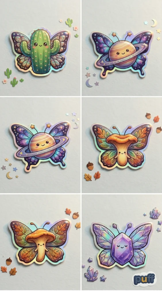 Iridescent butterfly stickers with wings merged with cactus, planets, mushrooms, and crystals, featuring a 3D puffy texture and rainbow prism effect.