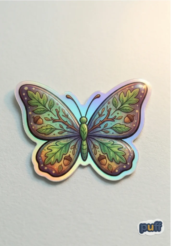 A single, vertical 3D puffy holographic sticker of a butterfly whose wings are designed like green oak leaves with tiny acorn accents, featuring a metallic rainbow prism finish.