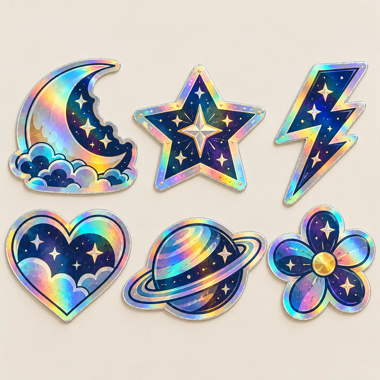 Six holographic die-cut stickers: moon, star, lightning bolt, heart, planet, flower