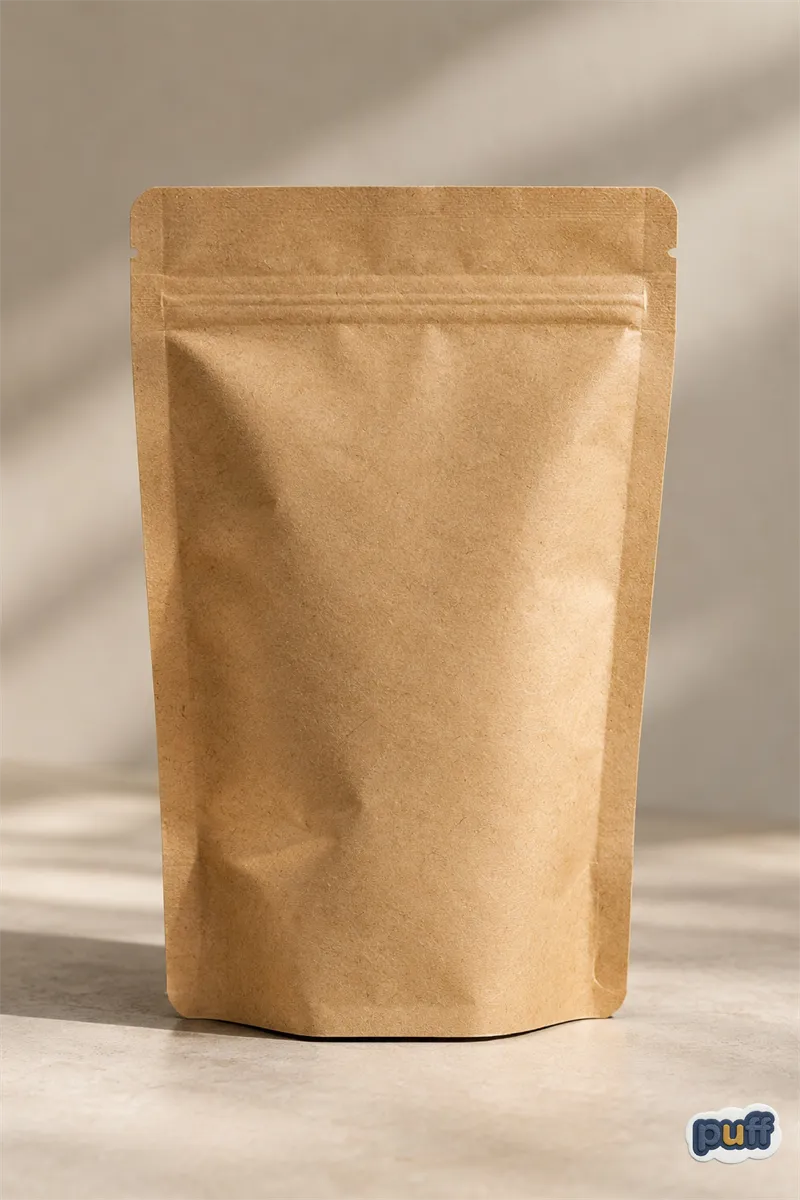 A plain kraft stand-up pouch with a zip closure on a stone surface, in soft side light that shows its paper texture.