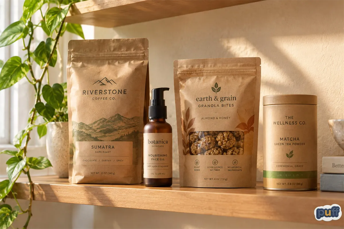 The kraft look across product categories A coffee bag, a face oil bottle, a granola pouch and a matcha tin on a wooden shelf, all in the same kraft brown palette, in warm window light.