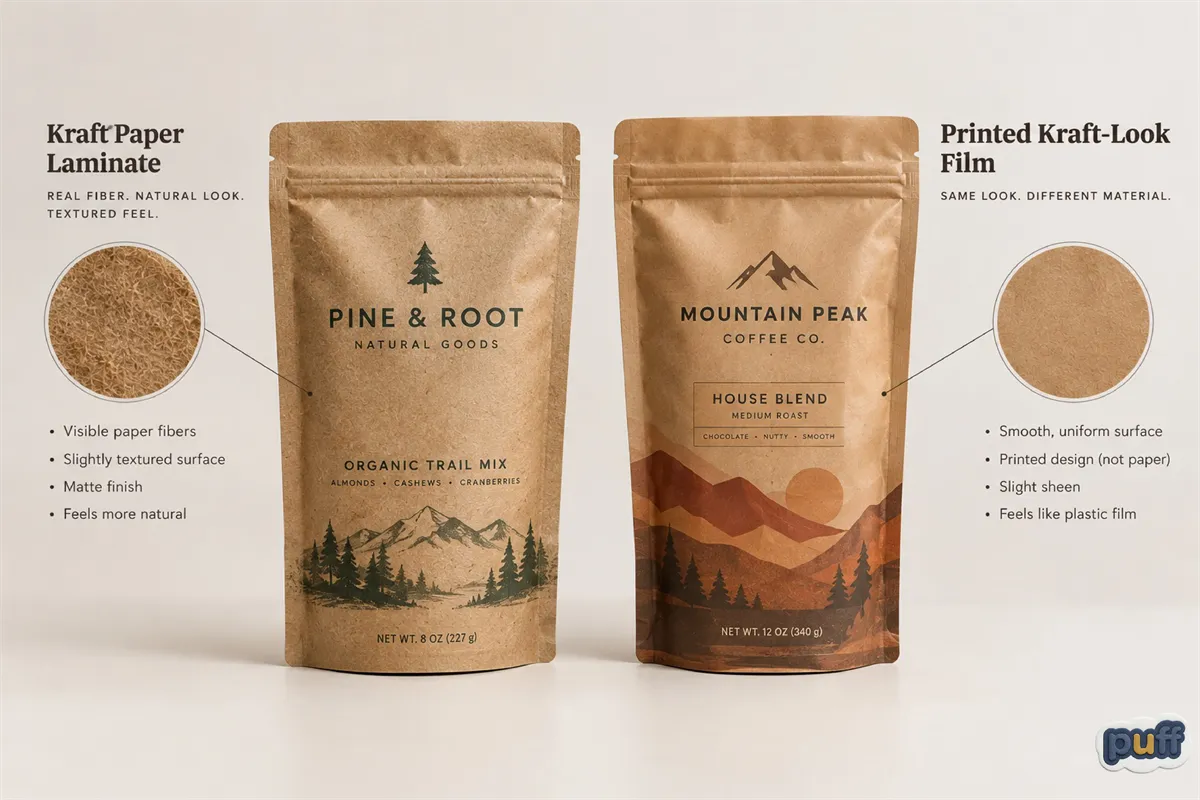 Two stand-up pouches side by side: a kraft paper laminate with visible fibers and a smooth printed kraft-look film that looks almost the same.