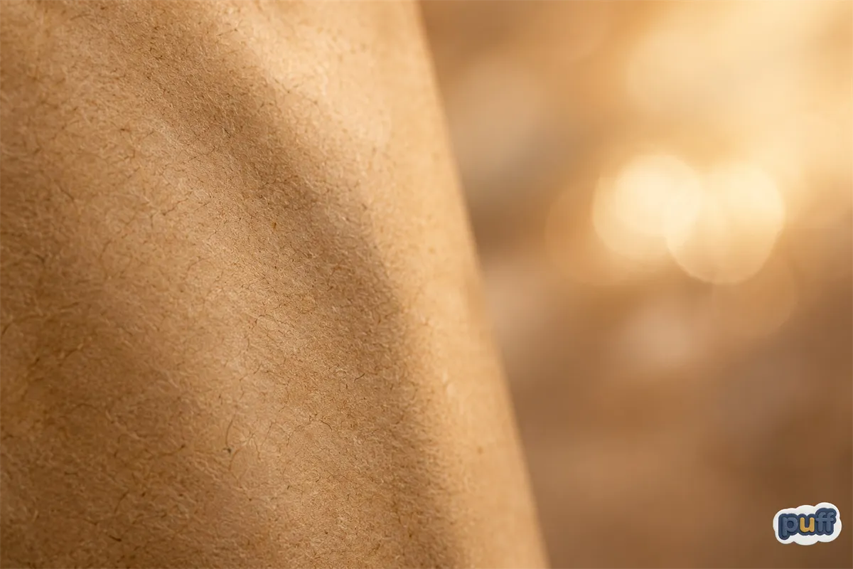 Kraft paper in close-up on the left, fading into soft, out-of-focus golden light on the right.