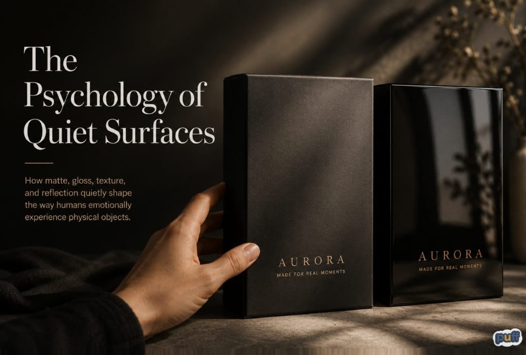 Matte vs gloss packaging comparison showing quiet luxury design, tactile branding, texture psychology, soft-touch packaging, reflective surfaces, and emotional material perception.